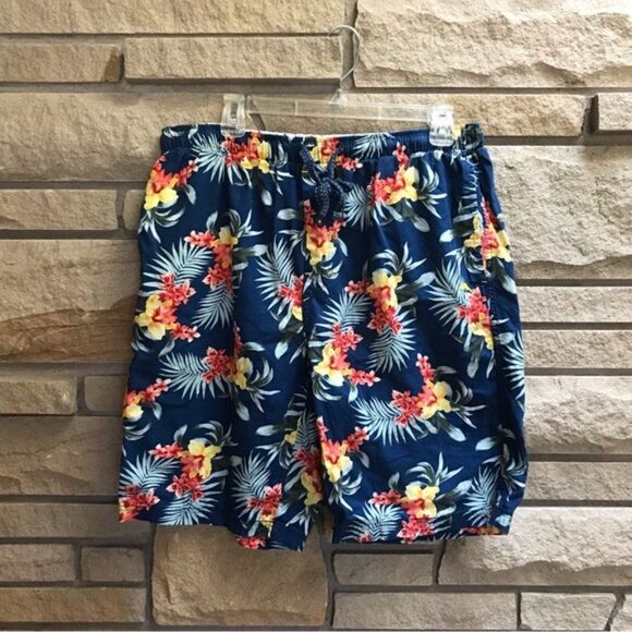 Tommy Bahama Lounge Board Shorts Drawstring Blue Hawaiian Print Large Cotton - Picture 3 of 9